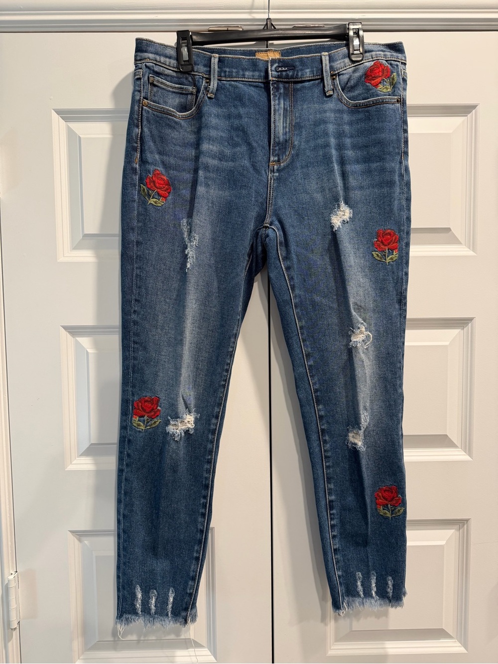 Driftwood Women's Distressed Blue Rose Embroidered Jeans